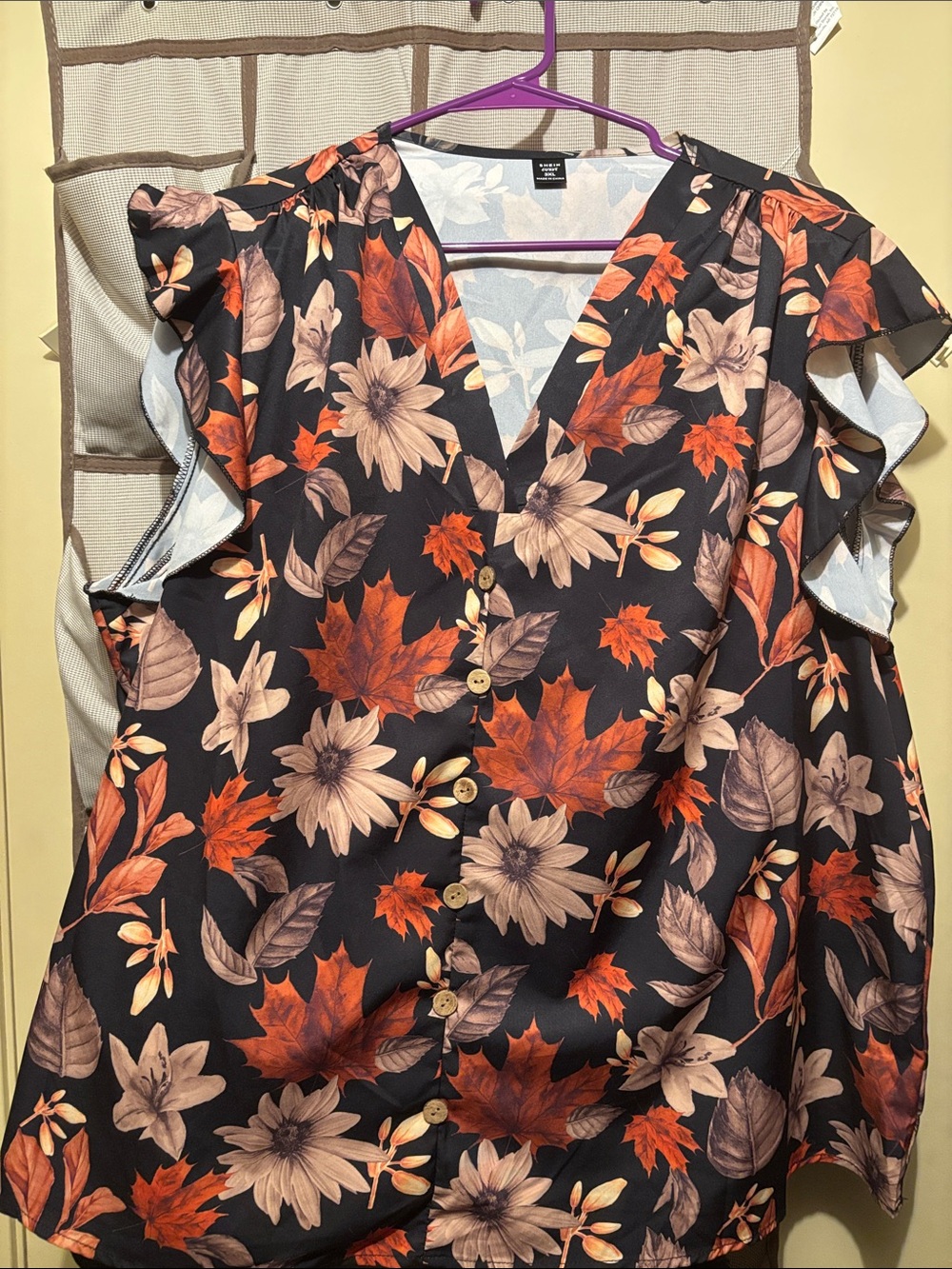 SHEIN Black Floral V-Neck Button Front Blouse with Orange and Tan Leaves